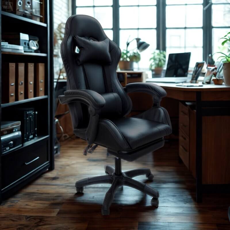 Czarny fotel gamingowy LP709B-B z ekoskórą i podnóżkiem na biurko