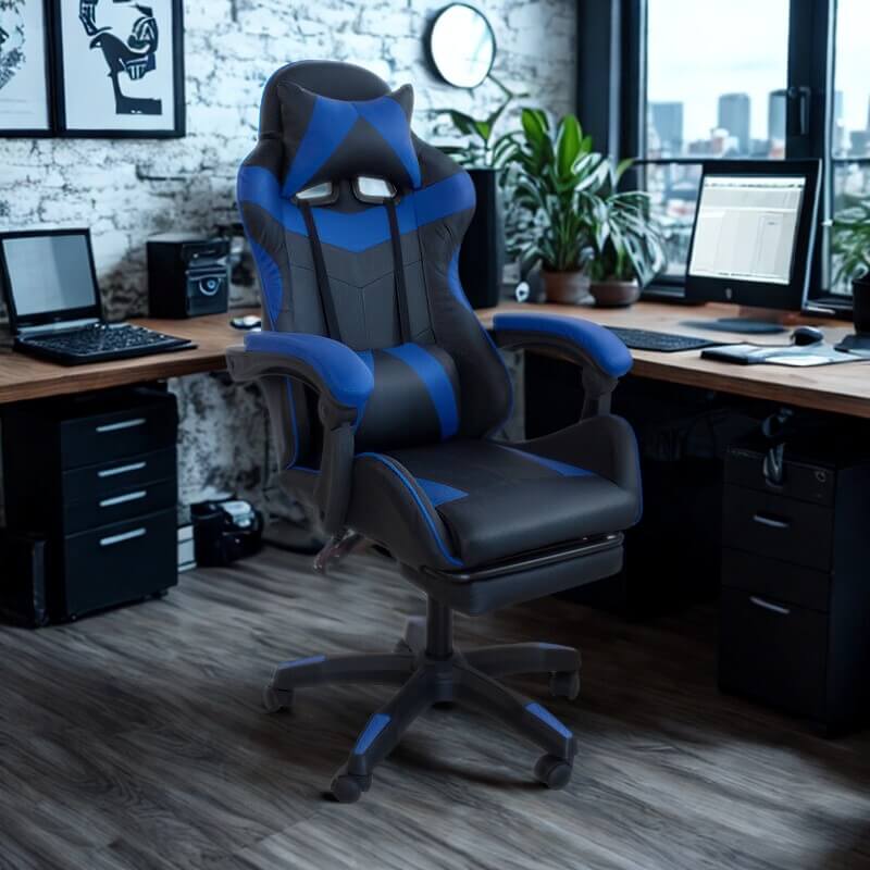 Czarny fotel gamingowy HILE LP709B-BL z siateczkowym oparciem i podnóżkiem