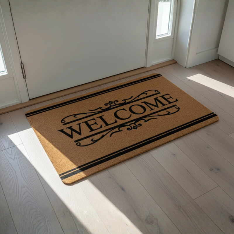 Wycieraczka wejściowa H24040-6 60×40 cm z napisem „WELCOME” i ornamentem przed drzwiami