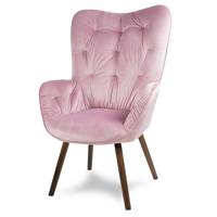 Fotel uszak welur na ciemnych drewnianych nogach wenge skandynawski do salonu różowy F905P