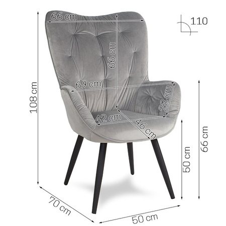 Fotel uszak z weluru na metalowych czarnych  nogach skandynawski do salonu szary F916G