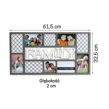 Ramka na zdjęcia 10 fotografii 10x15 cm z napisem FAMILY szara UC82320G