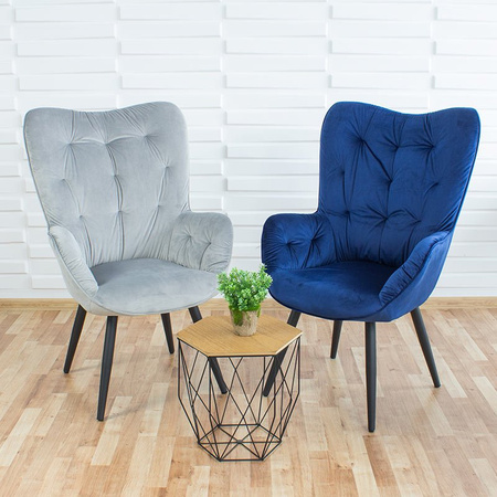 Fotel uszak z weluru na metalowych czarnych  nogach skandynawski do salonu szary F916G