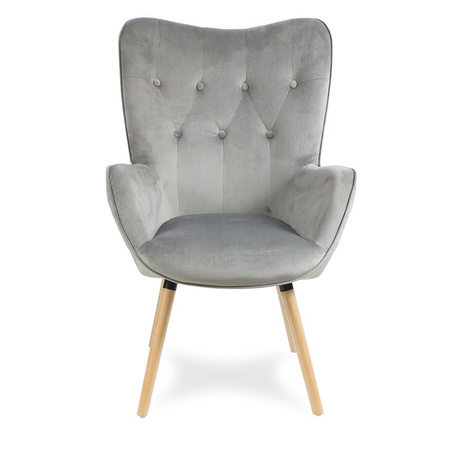 Fotel uszak z weluru pikowany na drewnianych nogach z podnóżkiem F150G szary