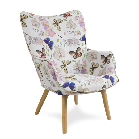 Fotel uszak na drewnianych nogach welur z podnóżkiem kwiaty i motyle FP202
