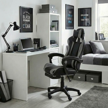 Krzesło do biurka HILE LP209G-B – obrotowy fotel czarno-szary, młodzieżowy z podnóżkiem