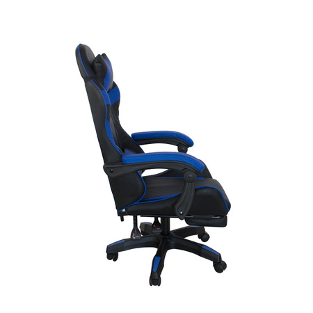 Fotel gamingowy Hile LP709B-BL z podnóżkiem – ergonomiczny, czarno-granatowy, wysokie oparcie, ekoskóra