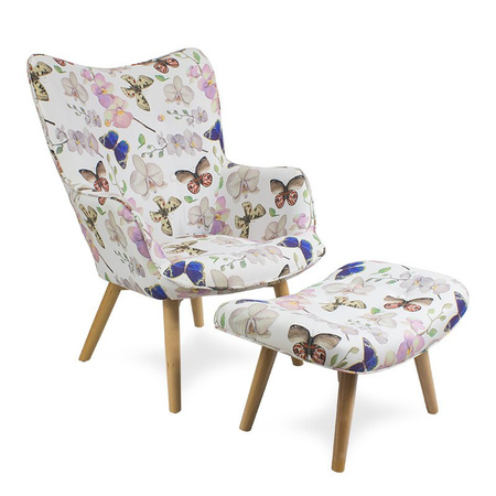 Fotel uszak na drewnianych nogach welur z podnóżkiem kwiaty i motyle FP202