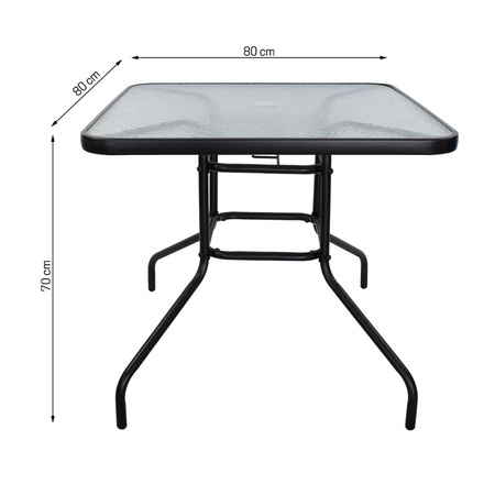 Stół ogrodowy szklany 80x80 cm – czarny, z otworem na parasol, odporny na warunki atmosferyczne H23S019