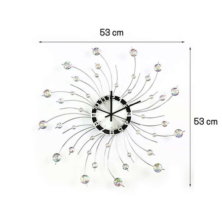 Nowoczesny srebrny zegar ścienny wiszący kropelki z kryształkami biała tarcza z aluminium M-04