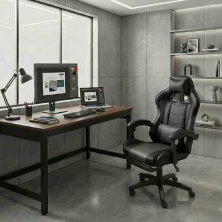 Fotel biurowy HILE LP209B-B – czarny, obrotowy z podnóżkiem, ergonomiczny fotel do pracy i relaksu