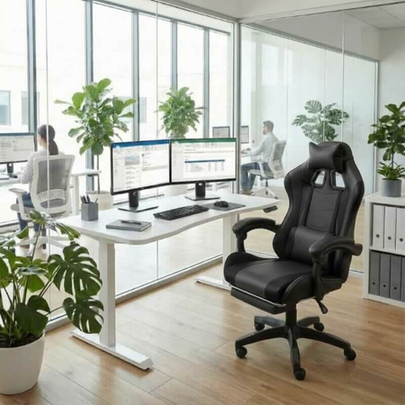 Fotel biurowy HILE LP209B-B – czarny, obrotowy z podnóżkiem, ergonomiczny fotel do pracy i relaksu