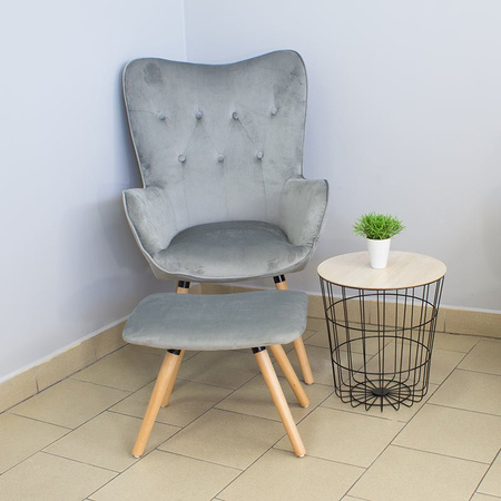 Fotel uszak z weluru pikowany na drewnianych nogach z podnóżkiem F150G szary