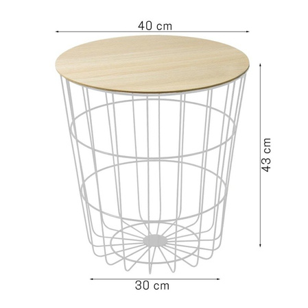 Stolik kawowy z drucianym koszem i drewnopodobnym blatem 40 cm biały SK107W