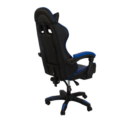 Fotel gamingowy Hile LP709B-BL z podnóżkiem – ergonomiczny, czarno-granatowy, wysokie oparcie, ekoskóra