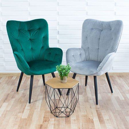 Fotel uszak z weluru na metalowych czarnych  nogach skandynawski do salonu szary F916G