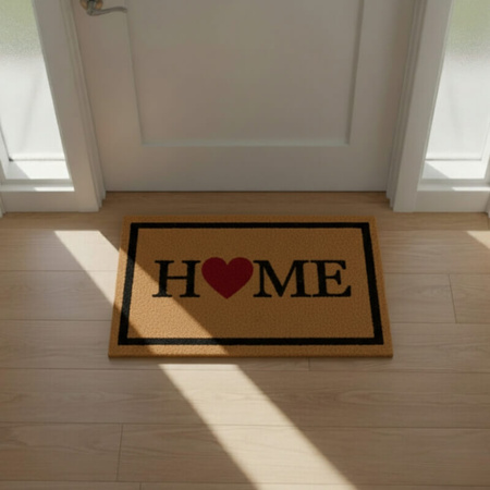 Wycieraczka pod drzwi H24038-2 – mata wejściowa 60×40 cm z nadrukiem „HOME ♥”, beżowo-czarna