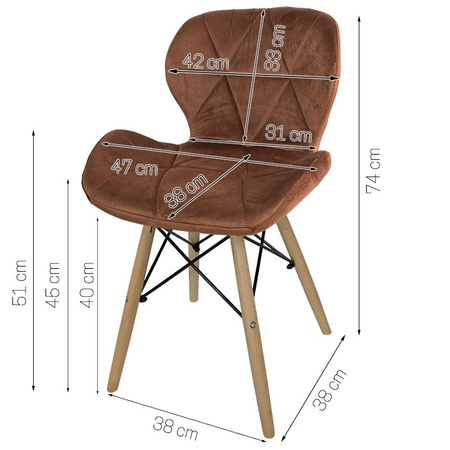 Krzesło na drewnianych bukowych nogach tapicerowane nowoczesne stylowe welurowe do salonu biura brązowy 024V-BR-BW