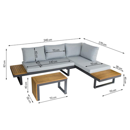 Zestaw mebli  modułowych ogrodowych. Narożnik i sofa ze stolikiem, Szary X135GG