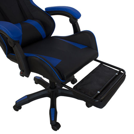 Fotel gamingowy Hile LP709B-BL z podnóżkiem – ergonomiczny, czarno-granatowy, wysokie oparcie, ekoskóra