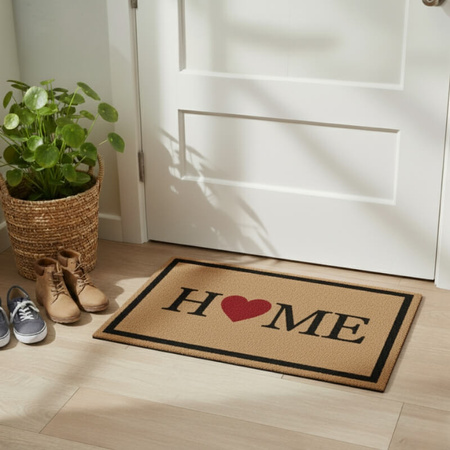 Wycieraczka pod drzwi H24038-2 – mata wejściowa 60×40 cm z nadrukiem „HOME ♥”, beżowo-czarna