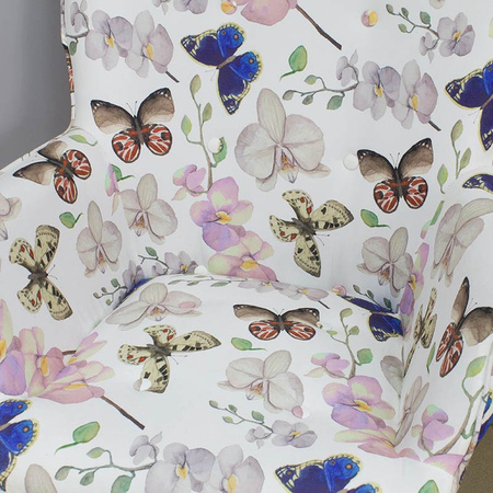 Fotel uszak na drewnianych nogach welur z podnóżkiem kwiaty i motyle FP202