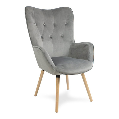 Fotel uszak z weluru pikowany na drewnianych nogach z podnóżkiem F150G szary