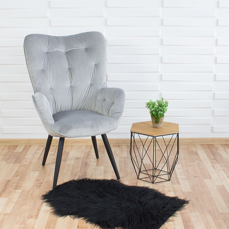 Fotel uszak z weluru na metalowych czarnych  nogach skandynawski do salonu szary F916G