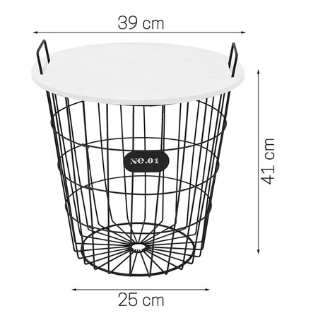 Stolik kawowy druciany kosz czarny z drewnianym białym blatem MDF do salonu SK102B-38W