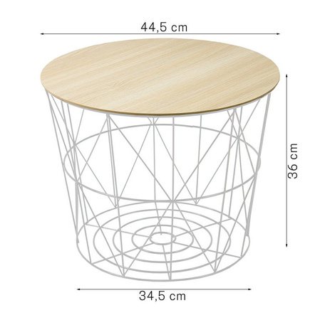 Stolik kawowy z drucianym koszem i drewnopodobnym blatem 44,5 cm biały SK106W