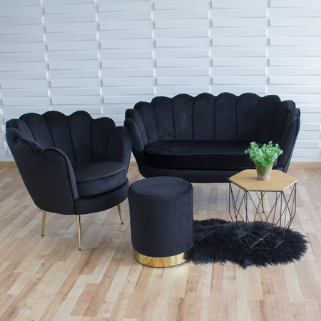 Sofa dwuosobowa welur na złotych nogach muszla S100B czarna