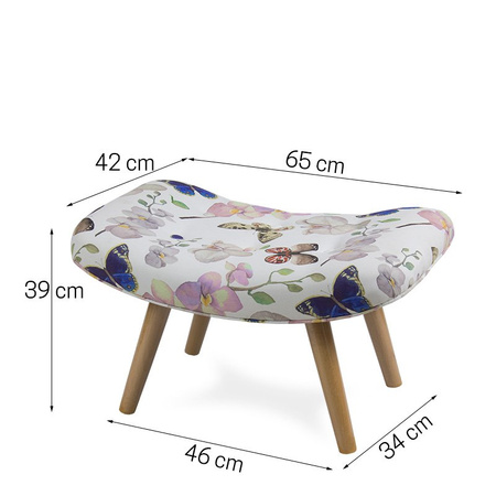 Fotel uszak na drewnianych nogach welur z podnóżkiem kwiaty i motyle FP202