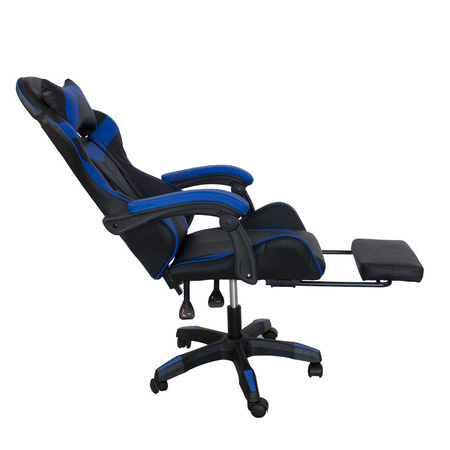 Fotel gamingowy Hile LP709B-BL z podnóżkiem – ergonomiczny, czarno-granatowy, wysokie oparcie, ekoskóra