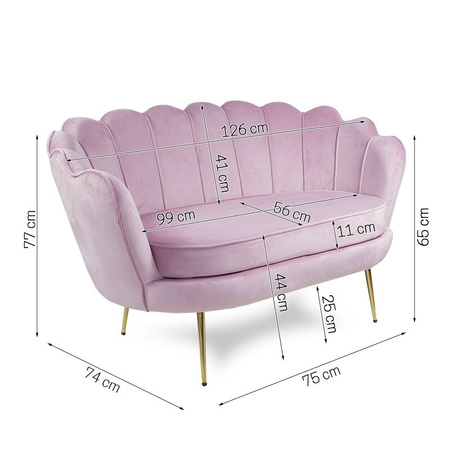Sofa dwuosobowa welur na złotych nogach muszla S100P różowa