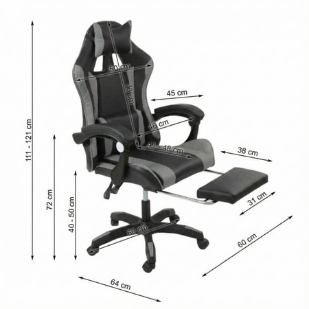 Krzesło do biurka HILE LP209G-B – obrotowy fotel czarno-szary, młodzieżowy z podnóżkiem