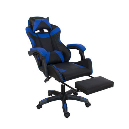 Fotel gamingowy Hile LP709B-BL z podnóżkiem – ergonomiczny, czarno-granatowy, wysokie oparcie, ekoskóra