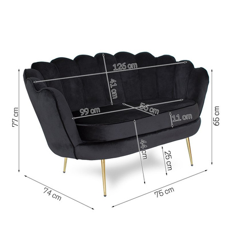 Sofa dwuosobowa welur na złotych nogach muszla S100B czarna
