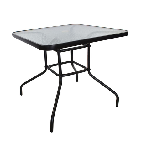 Stół ogrodowy szklany 80x80 cm – czarny, z otworem na parasol, odporny na warunki atmosferyczne H23S019
