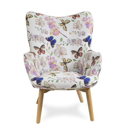 Fotel uszak na drewnianych nogach welur z podnóżkiem kwiaty i motyle FP202