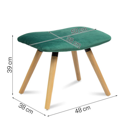 Fotel uszak z weluru pikowany na drewnianych nogach z podnóżkiem F150GR zielony