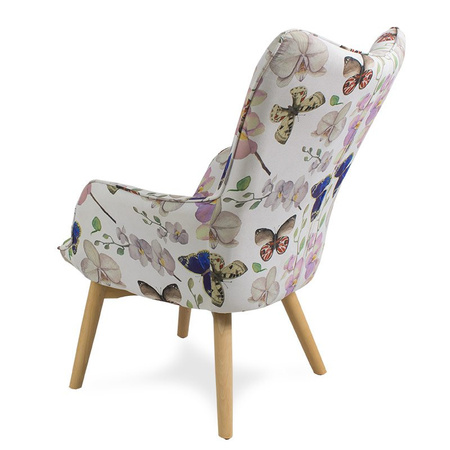 Fotel uszak na drewnianych nogach welur z podnóżkiem kwiaty i motyle FP202