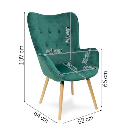 Fotel uszak z weluru pikowany na drewnianych nogach z podnóżkiem F150GR zielony