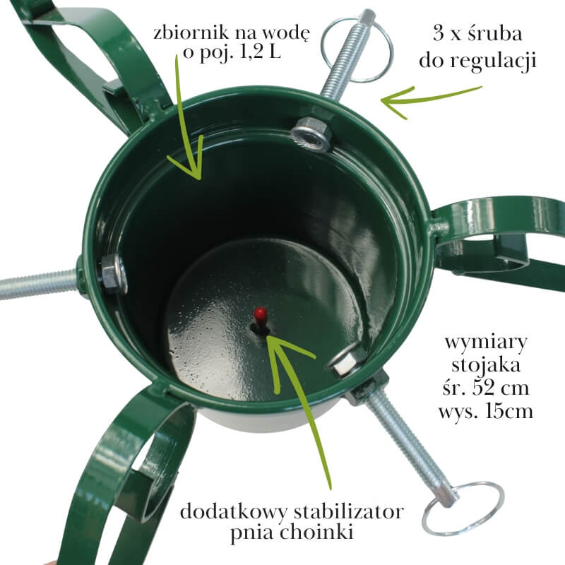 Zielony metalowy stojak na choinkę trójnóg z pojemnikiem na wodę