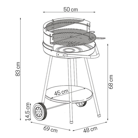 Grill węglowy okrągły z kółkami i półką czarny GW0202