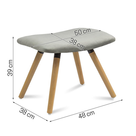 Fotel uszak z weluru pikowany na drewnianych nogach z podnóżkiem F150G szary