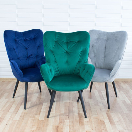 Fotel uszak z weluru na metalowych czarnych  nogach skandynawski do salonu szary F916G