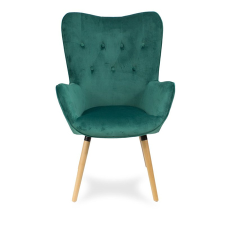 Fotel uszak z weluru pikowany na drewnianych nogach z podnóżkiem F150GR zielony