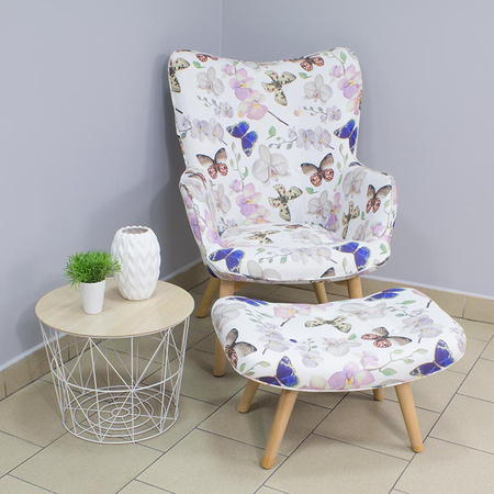 Fotel uszak na drewnianych nogach welur z podnóżkiem kwiaty i motyle FP202