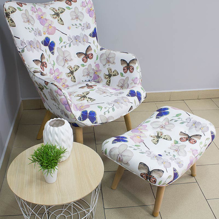 Fotel uszak na drewnianych nogach welur z podnóżkiem kwiaty i motyle FP202