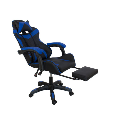 Fotel gamingowy Hile LP709B-BL z podnóżkiem – ergonomiczny, czarno-granatowy, wysokie oparcie, ekoskóra